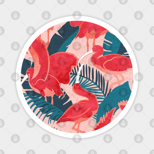 Luxurious Scarlet Ibis // pink background teal vegetation metal rose and red guará large birds Magnet by SelmaCardoso